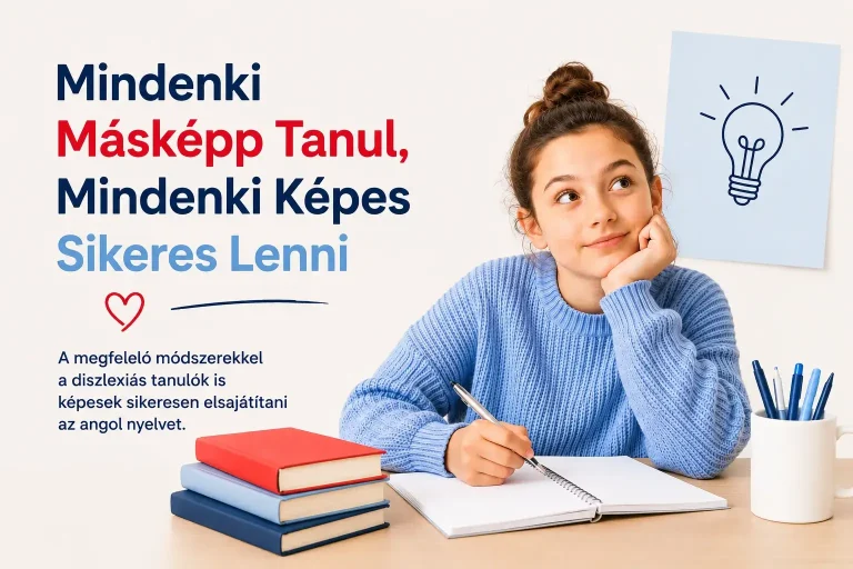 Diszlexiás tanuló angolul tanul füzetével az asztalnál. Illusztráció a diszlexia és angol nyelvtanulás témájú blogcikkhez.